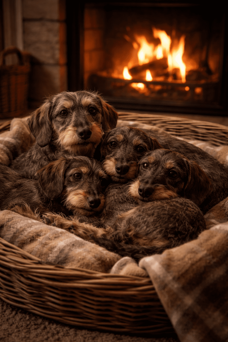 Dackel vor dem Kamin