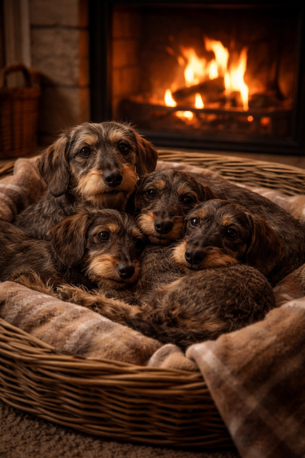 Dackel vor dem Kamin