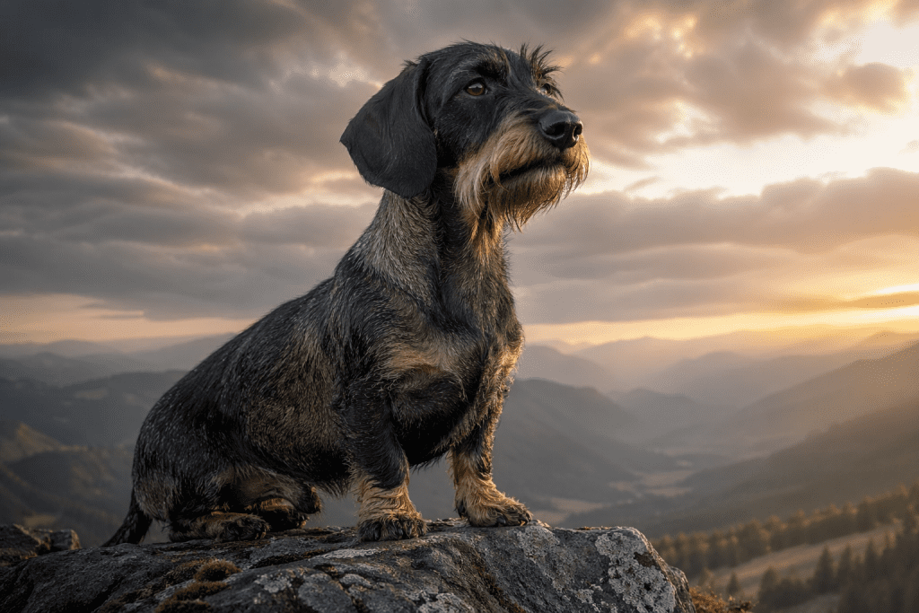 Dachshund im Morgenlicht auf Felsen