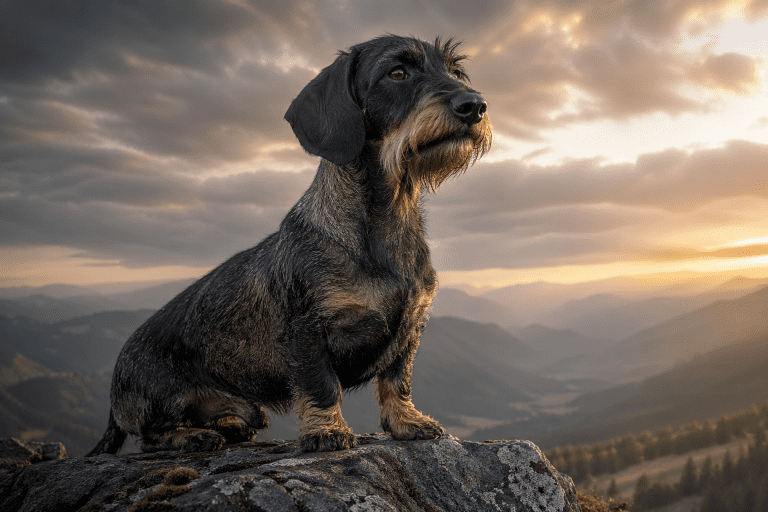 Dachshund im Morgenlicht auf Felsen
